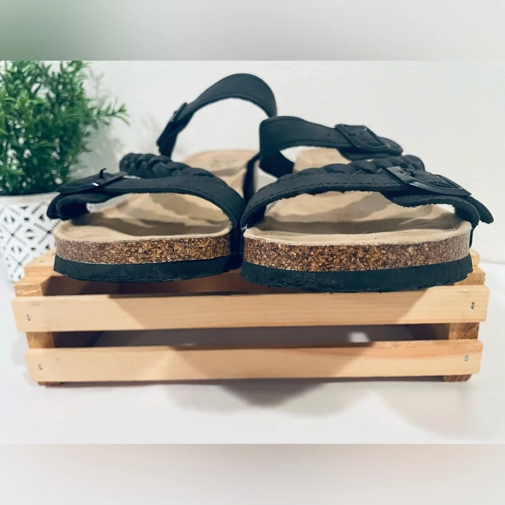 EUC Black Double Strap Braided Leather Corkboard Sandals | Size 9